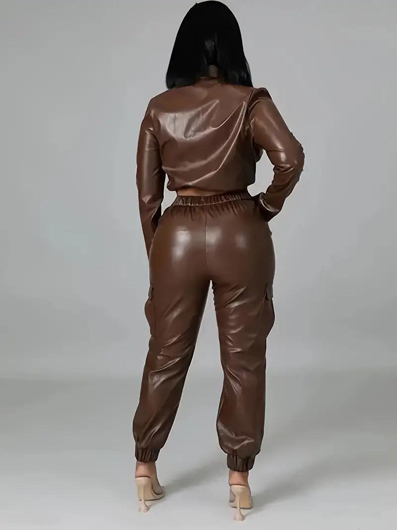 Women's High Rise Faux Leather Look Denim Joggers
