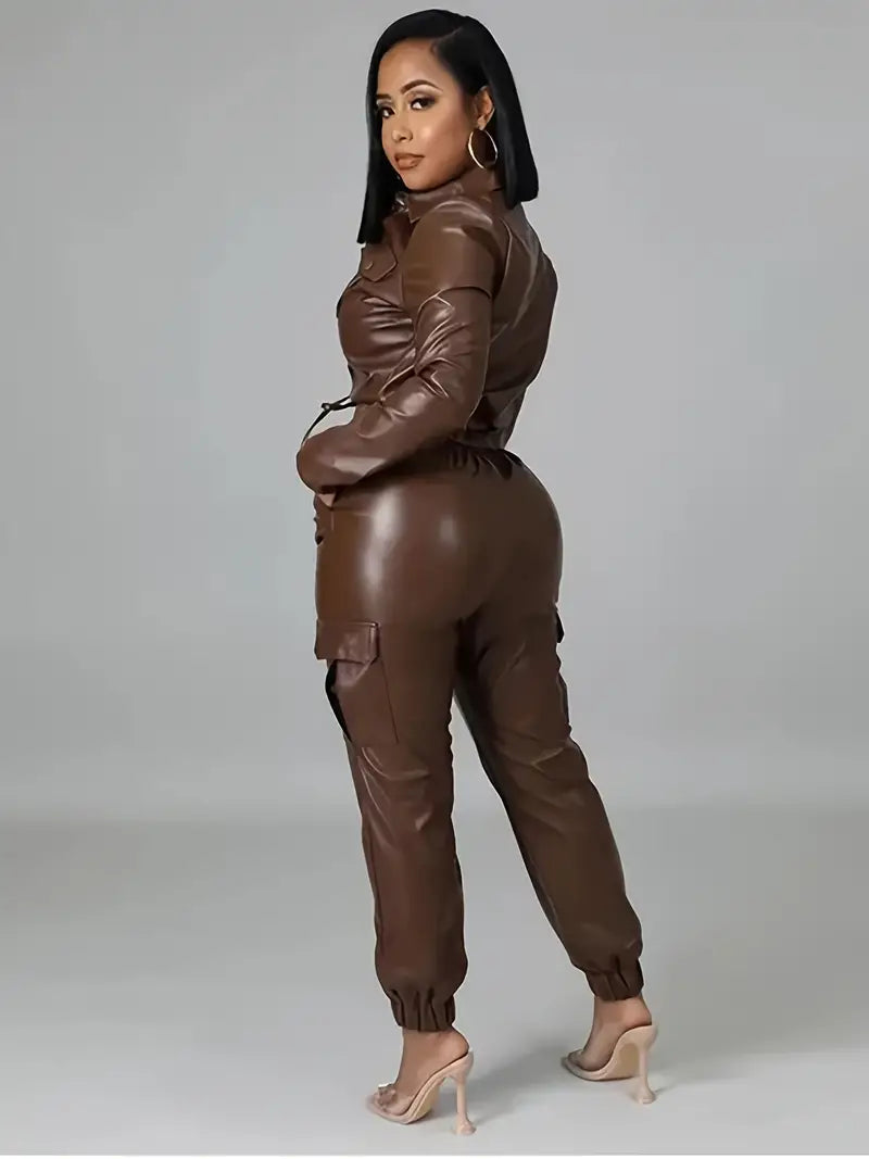Women's High Rise Faux Leather Look Denim Joggers