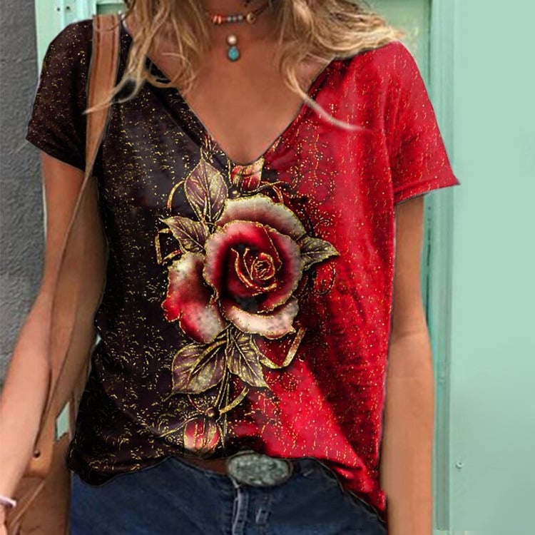 Summer V-neck 3D Rose Short-Sleeve Loose T-Shirt