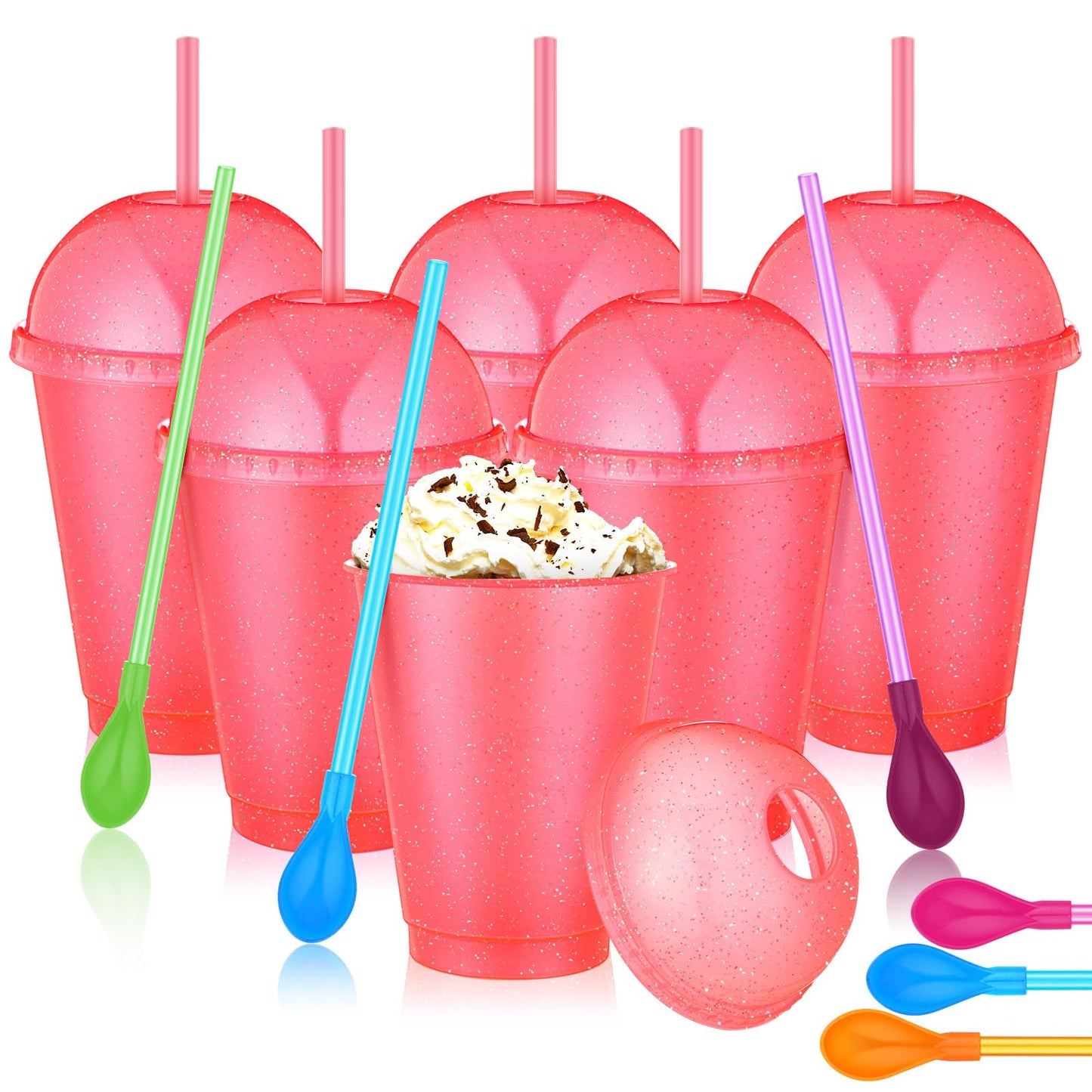 Ninehaoou 6 Set Reusable Glitter Plastic Cups with Dome Lids Detachable Spoon Straws Reusable Plastic Slushy Smoothie Tumbler for Valentines Day Birthdays Party Supplies(Pink16 oz)