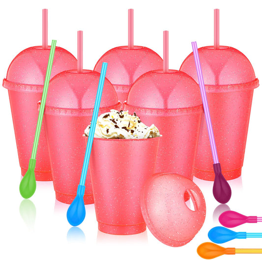 Ninehaoou 6 Set Reusable Glitter Plastic Cups with Dome Lids Detachable Spoon Straws Reusable Plastic Slushy Smoothie Tumbler for Valentines Day Birthdays Party Supplies(Pink16 oz)