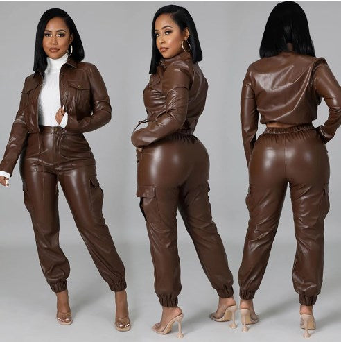 Women's High Rise Faux Leather Look Denim Joggers