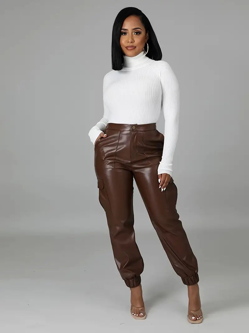 Women's High Rise Faux Leather Look Denim Joggers