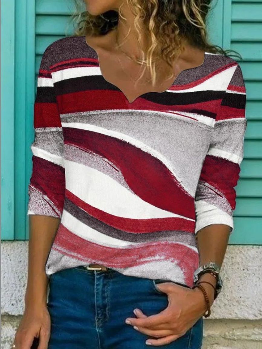 Women's Smocked Print Loose V-Neck T-Shirt Top