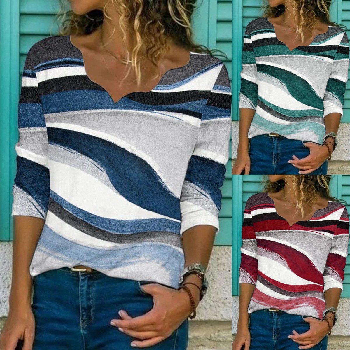 Women's Smocked Print Loose V-Neck T-Shirt Top