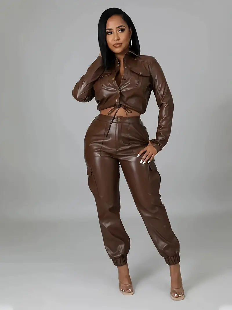 Women's High Rise Faux Leather Look Denim Joggers